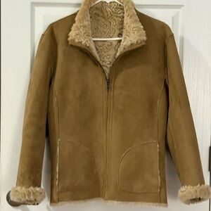 Reversible Suede Leather Bomber Jacket Embossed Damask Lined Tan Women Large